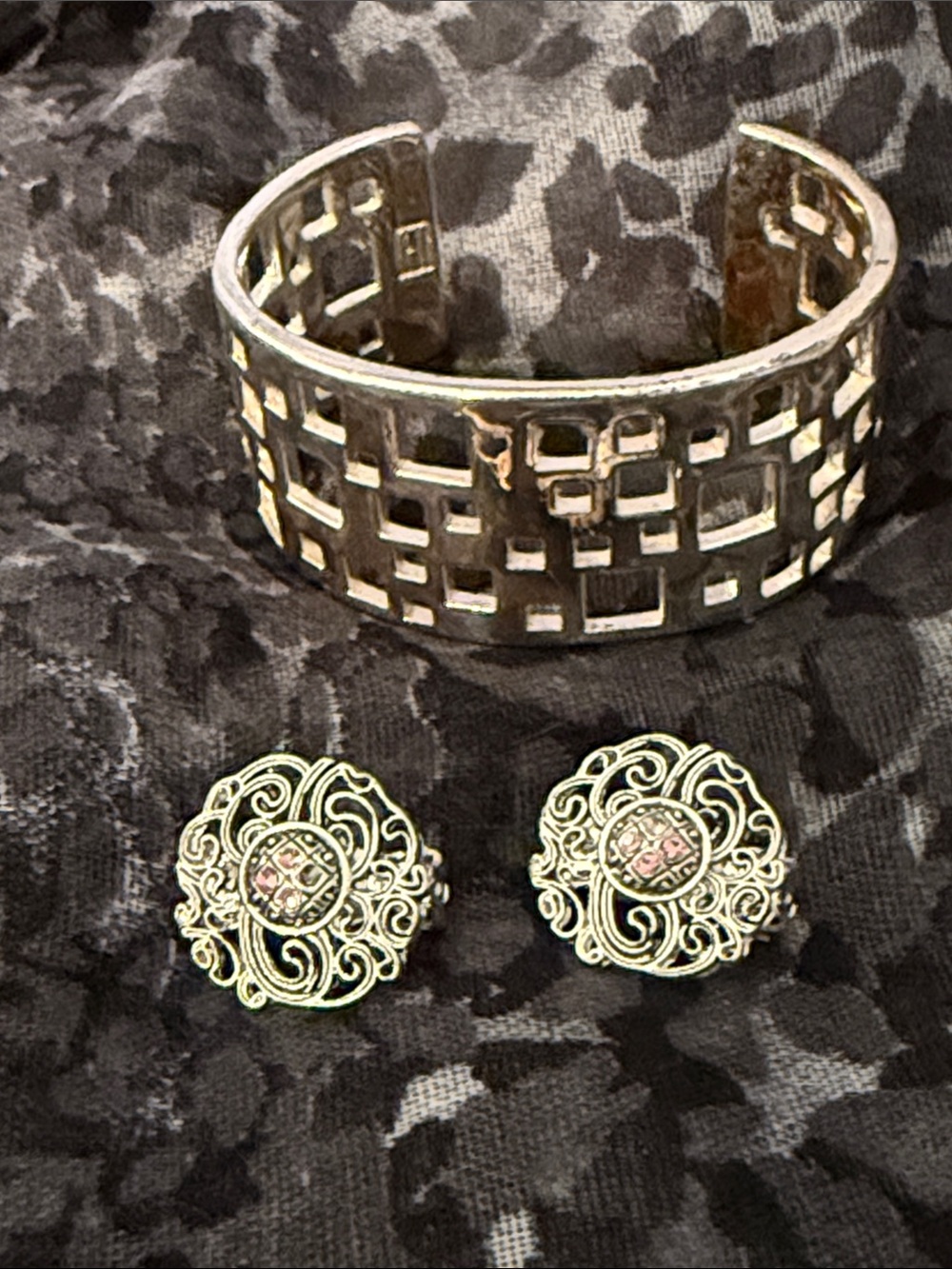 Silver Tone Cuff Bracelet & Clip On Silver Tone Earrings